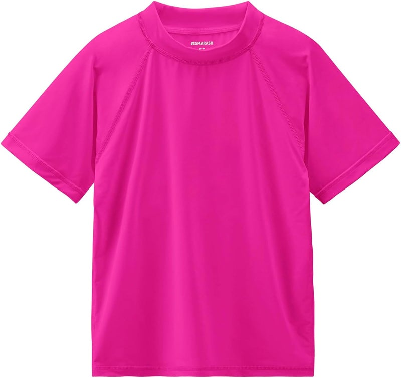 Smarash Girls Rash Guard Swim Shirt Short Sleeve for Toddler Kids Youth Rashguard Water Shirt UPF50+ Swimming Fishing Sun SPF Tee Neon Pink 3-6M - Image 1